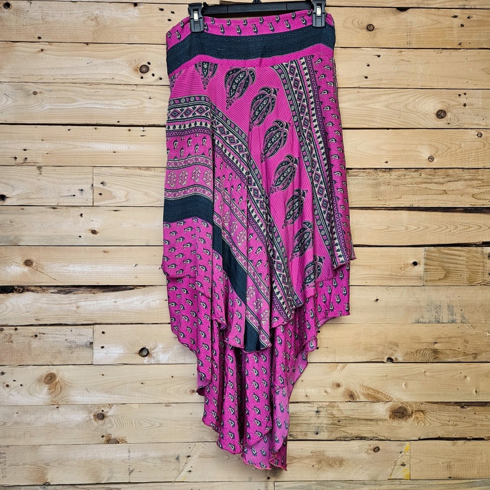 Pink Silk Blend Paisley Handkerchief Hem High Low Boho Skirt Made in India OS